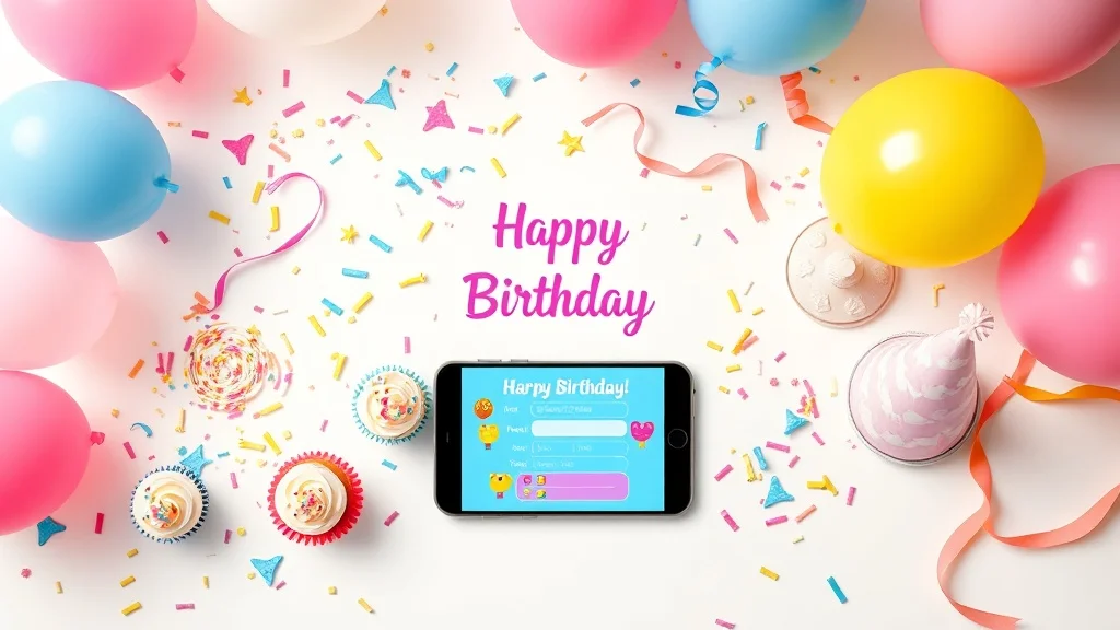 Colourful kids birthday party flat lay with digital invitation showing birthday invitation wording on a smartphone