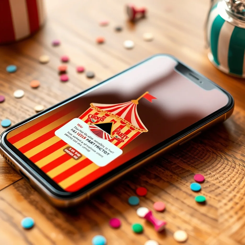 Colourful digital carnival party invitations displayed on a smartphone screen with striped tent design