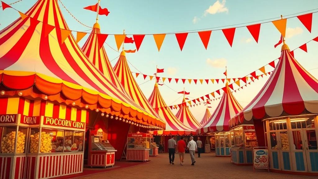 Vibrant carnival party setup with striped tents and festive lighting perfect for carnival party invitations