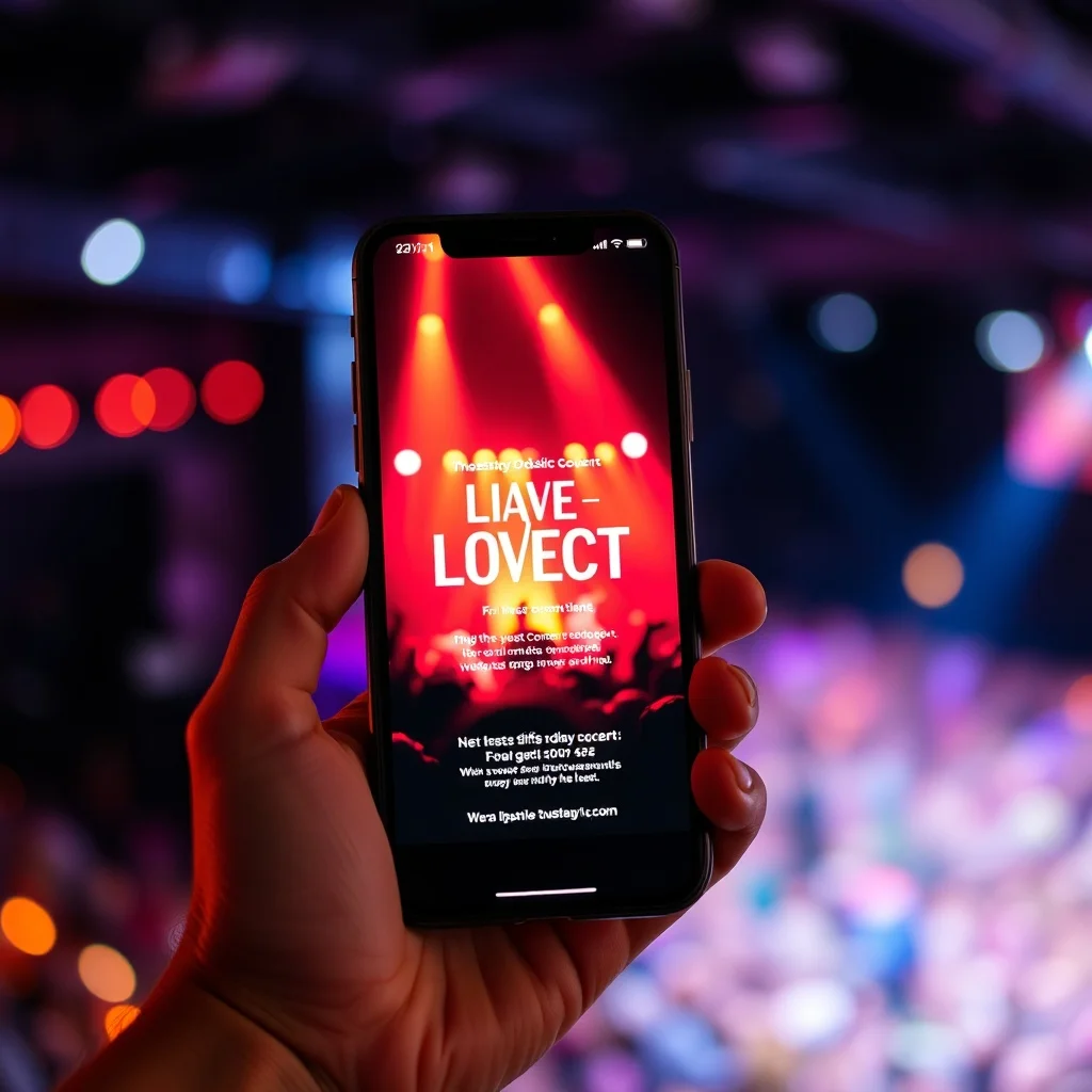 Examples of concert invitation wording displayed on a phone screen for a live music event