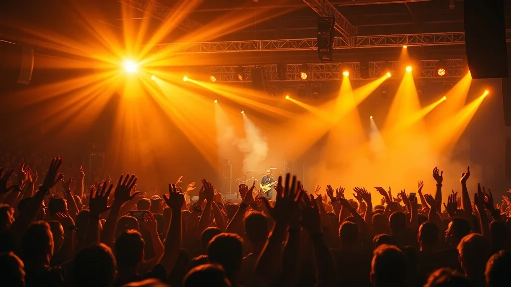 Vibrant live concert crowd and stage lighting representing the energy behind great concert invitation wording