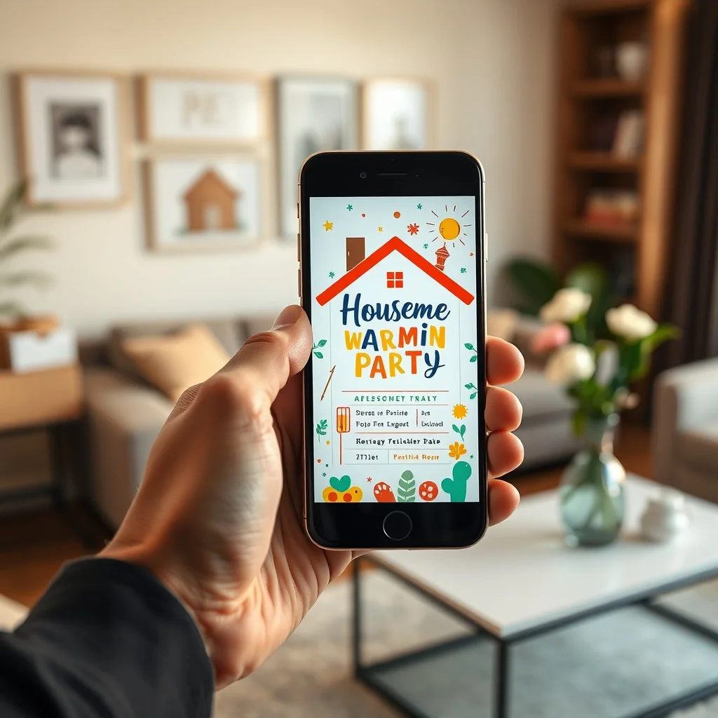 Creative housewarming invitation ideas displayed on a phone with digital invite templates and RSVP tracking dashboard
