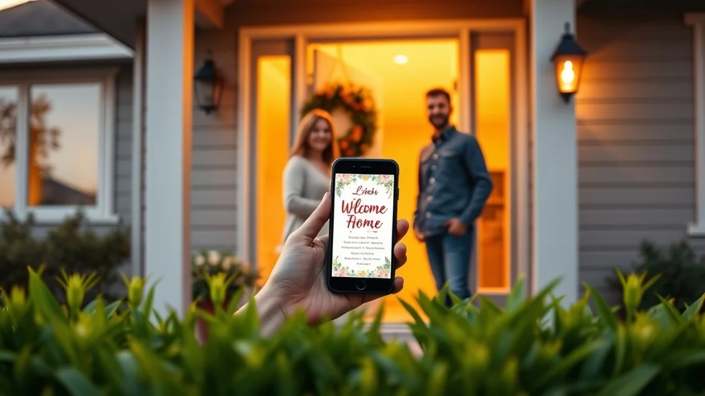 Couple at new home front door sharing creative housewarming invitation ideas on a smartphone