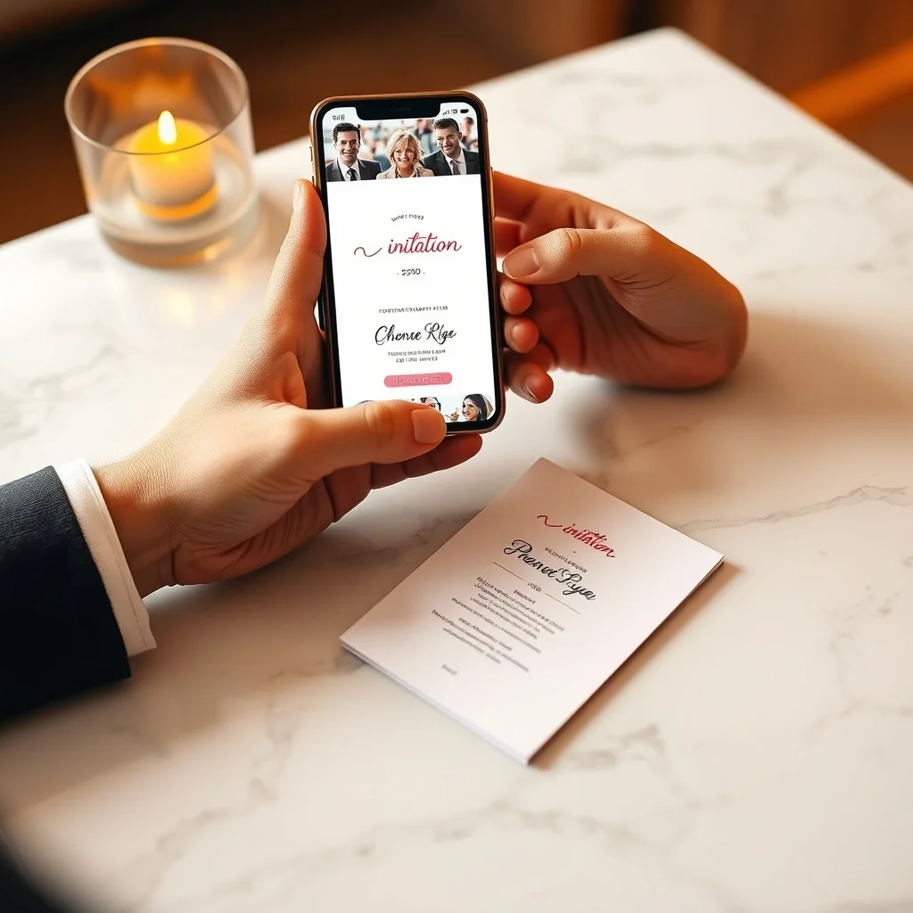 Side-by-side comparison of digital invitations vs printed paper invitations on a desk