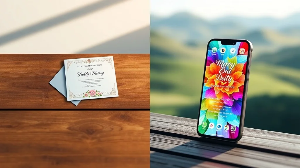 Comparison of digital invitations vs printed paper invitations side by side on a table