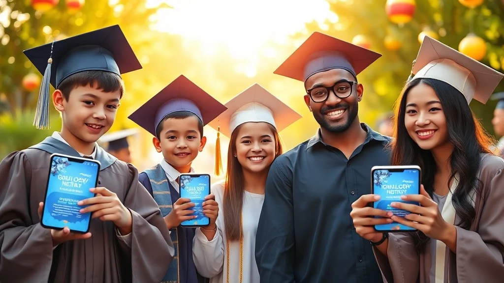 Graduates of different ages holding digital graduation invite wording examples on smartphones at a sunny ceremony