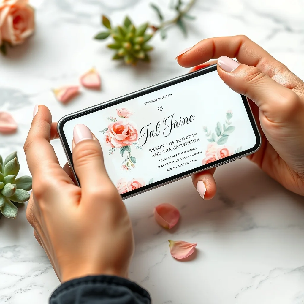 Couple personalising digital wedding invitations on a laptop with floral design templates on screen