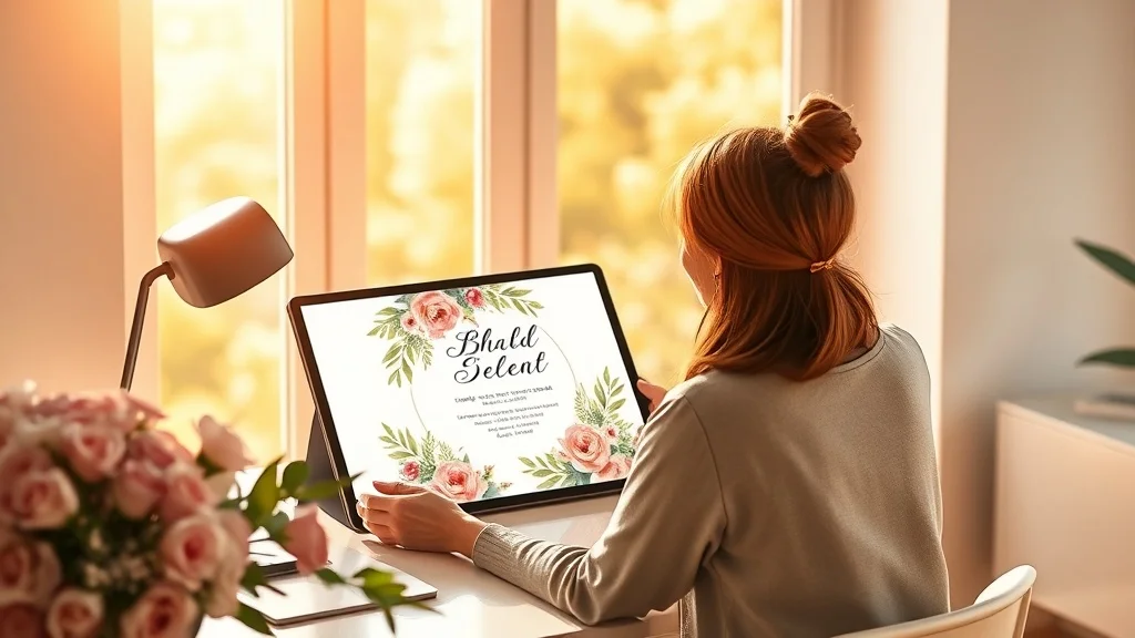 Couple reviewing their digital wedding invitations on a tablet with floral design and gold accents