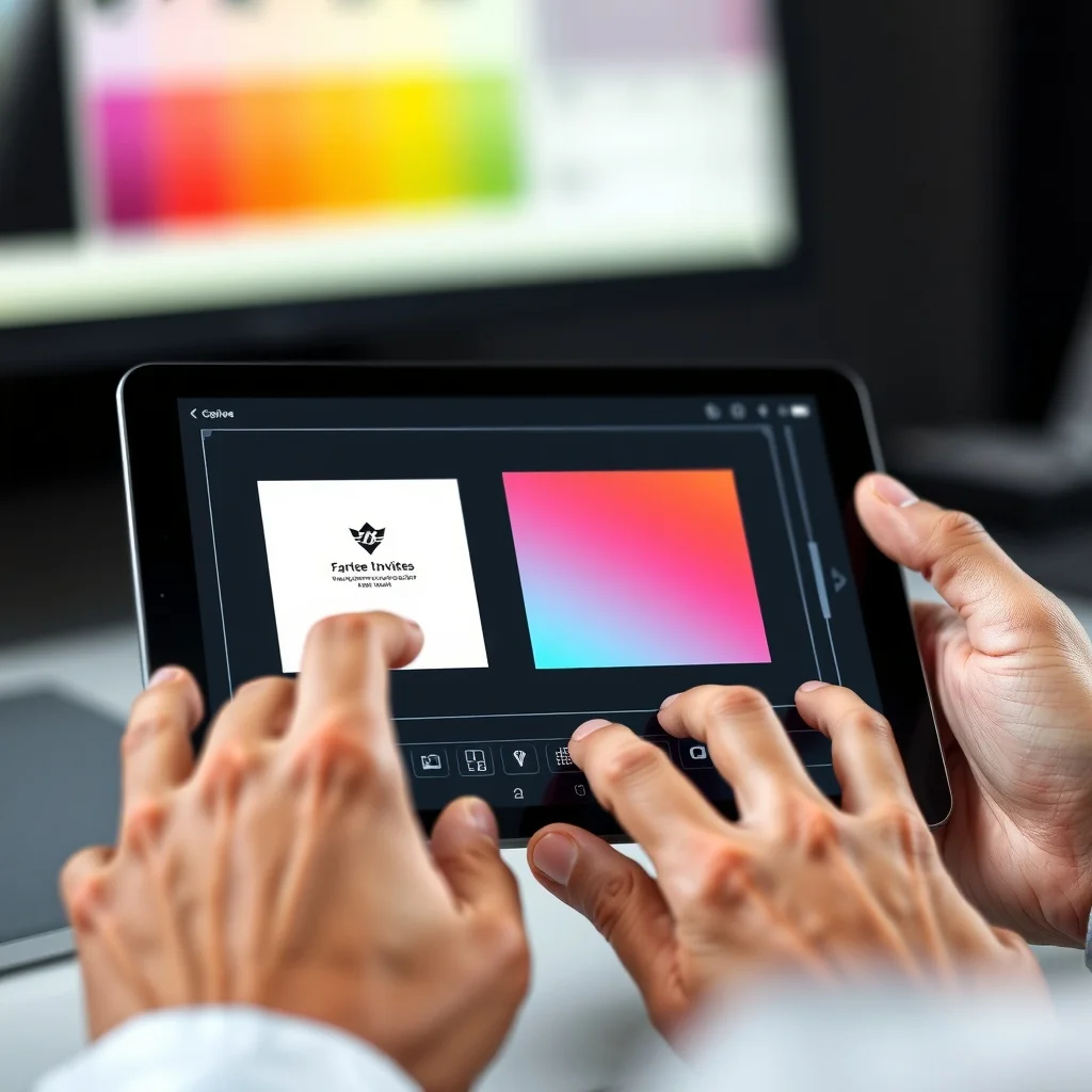 Designer customizing branded invitations on a tablet with company logo and corporate color scheme