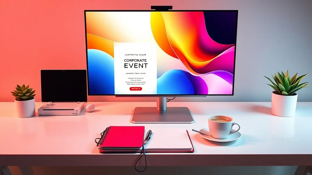 Designer customizing branded invitations on a modern desktop computer with corporate color palette