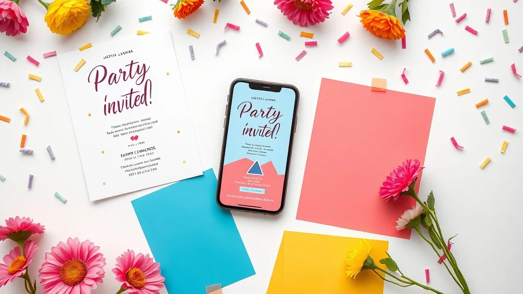 Flat lay of party invitation design materials including printed cards, colour swatches, and a digital invite on a smartphone