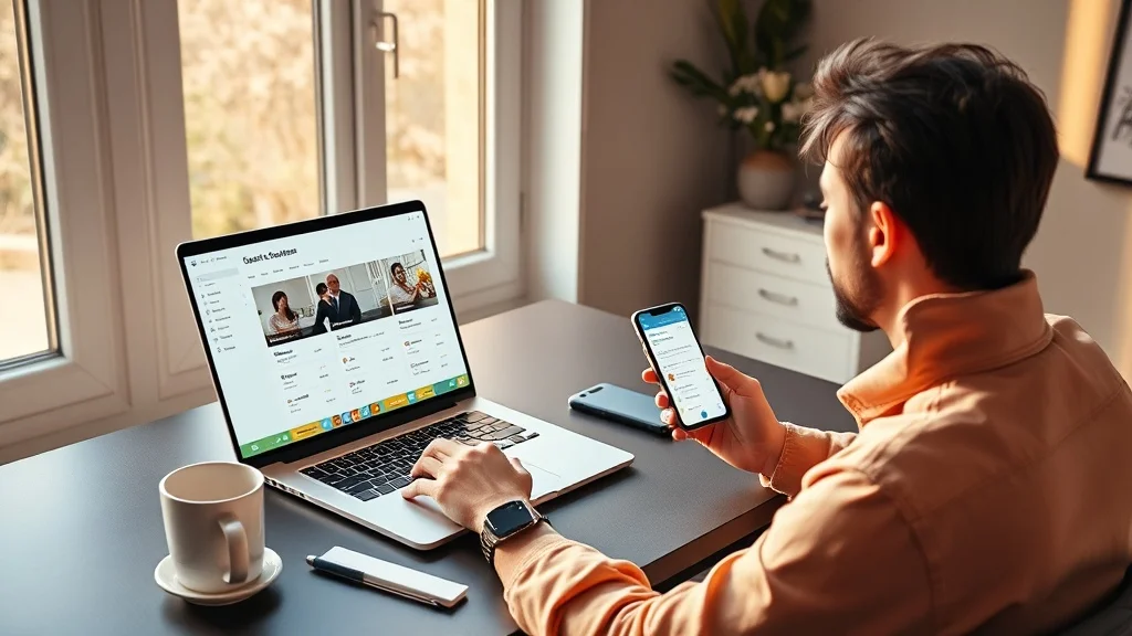 Person using laptop and phone for digital guest list management at a modern home office desk