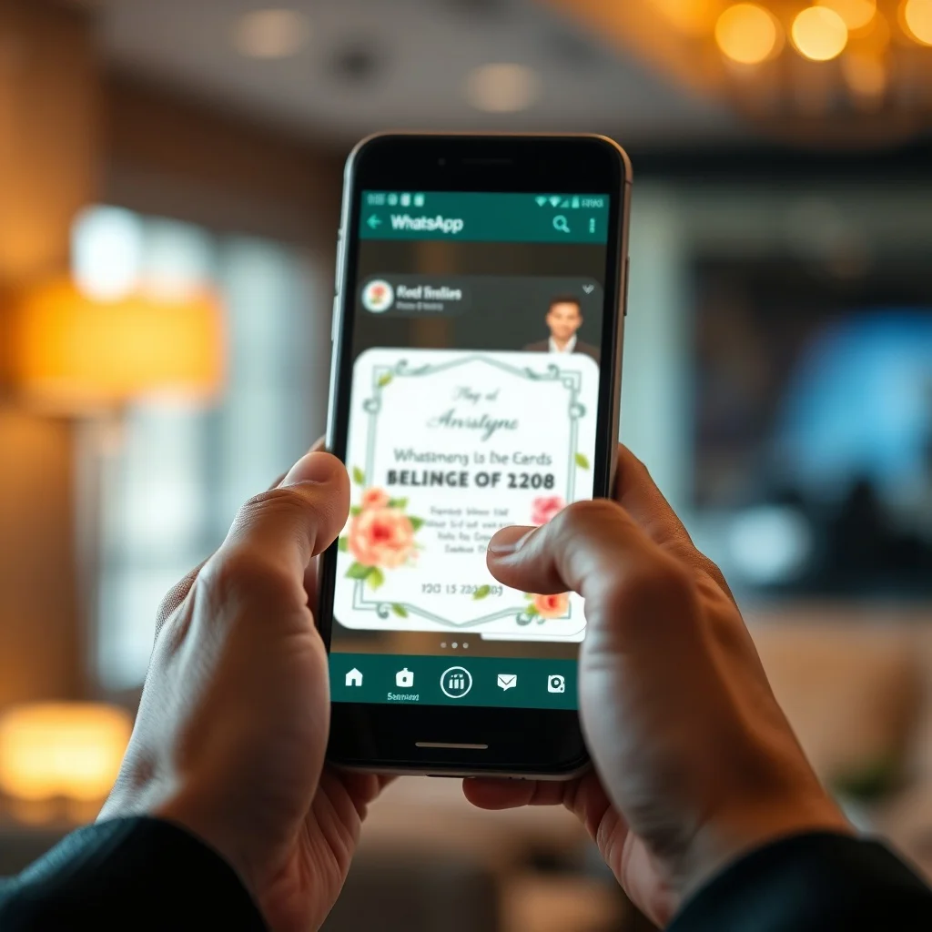 Person using a smartphone to send invitations on WhatsApp with digital invite templates on screen