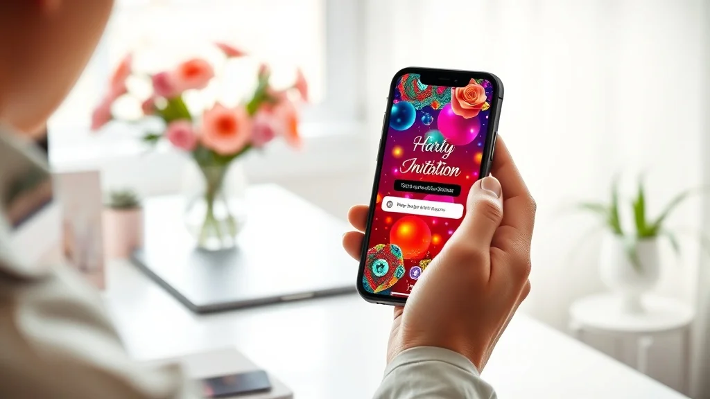 Person sending invitations on WhatsApp from a smartphone with a colourful digital invite on screen