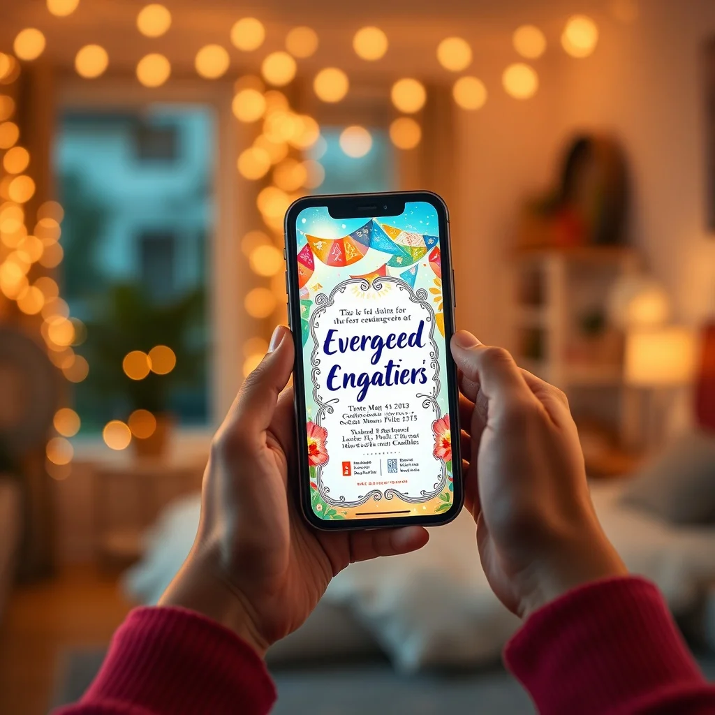 Couple reviewing engagement invite wording on a phone before sending digital invites