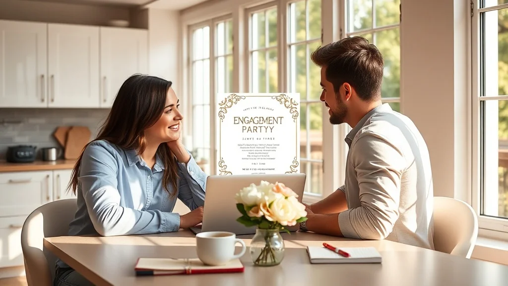 Couple writing engagement invite wording together on a laptop with flowers on the table