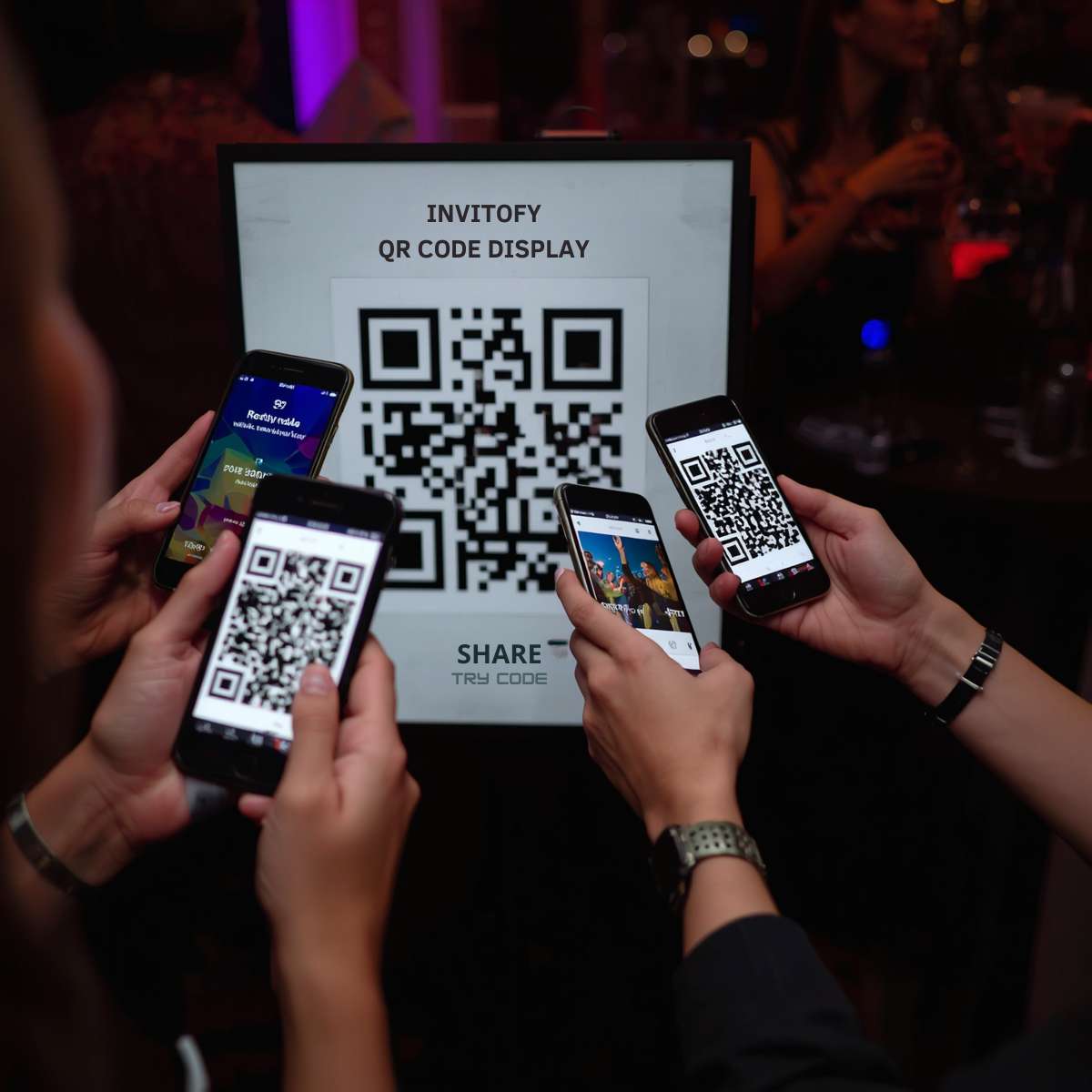 Guests using QR code to upload event photos to Invitofy shared gallery on mobile phones