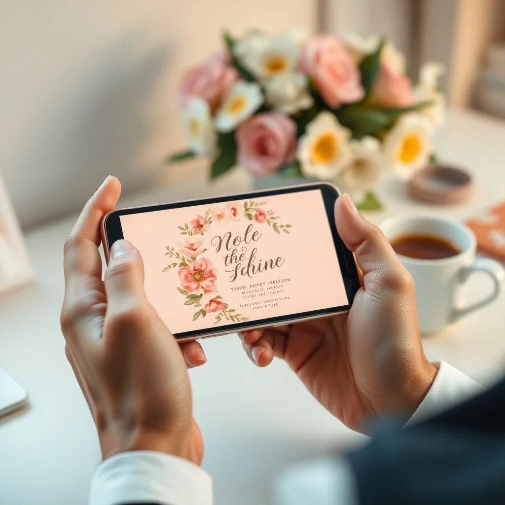 Couple customising online wedding invitations on a laptop with floral template designs displayed on screen