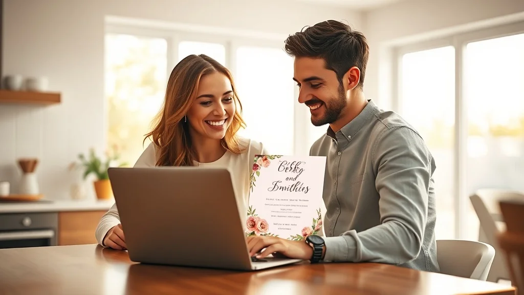 Couple creating online wedding invitations together on a laptop with a romantic digital template on screen
