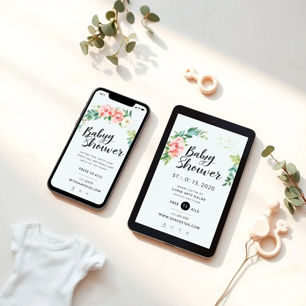 Flat lay of creative digital baby shower invitations displayed on a tablet and smartphone showing different design styles