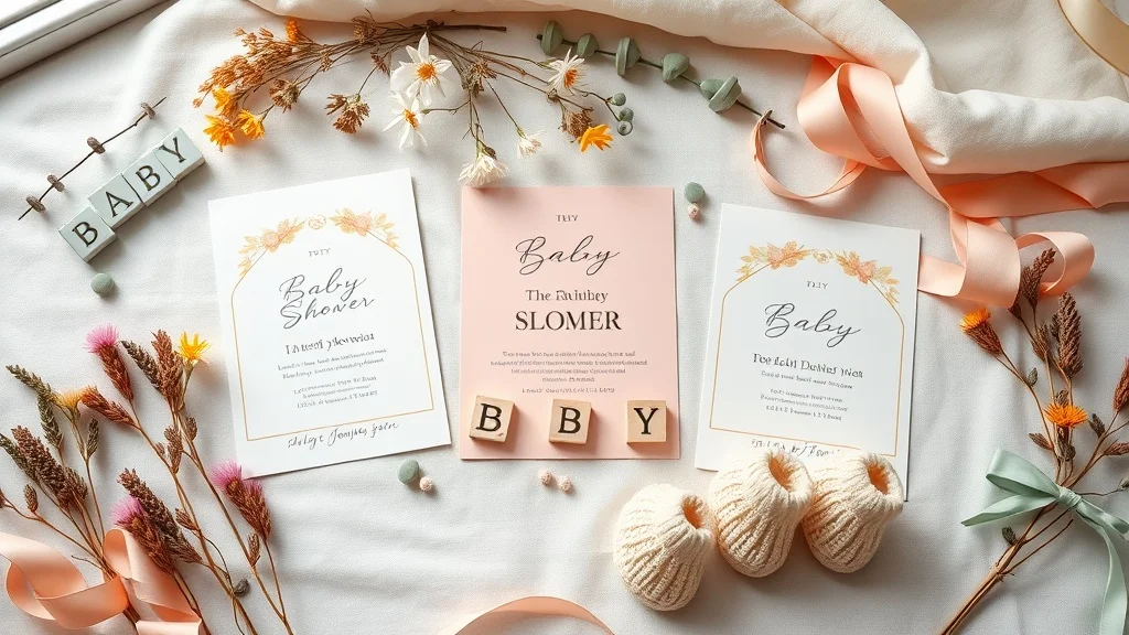 Flat lay of creative baby shower invitations surrounded by dried florals and baby accessories on white linen
