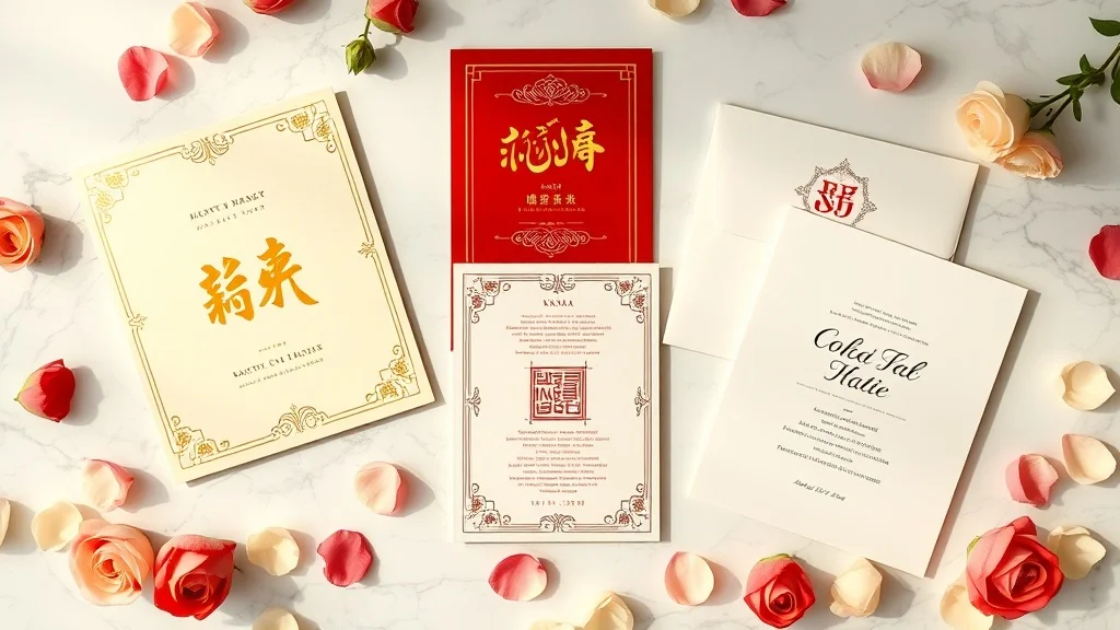 Flat lay of multicultural wedding invite wording cultural examples including Hindu, Islamic, Chinese and Western cards