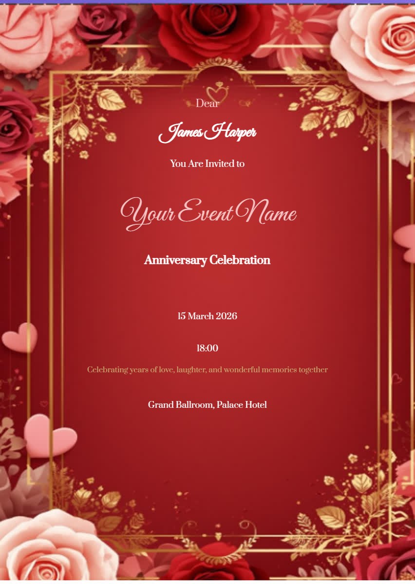 Red Roses Anniversary Invitation digital invitation template, free on Invitofy
